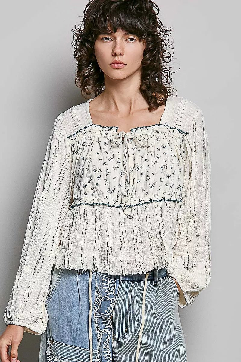 POL Square Neck Lace Long Balloon Sleeve Top - Bitsy Gypsy Boutique