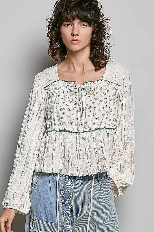 POL Square Neck Lace Long Balloon Sleeve Top - Bitsy Gypsy Boutique