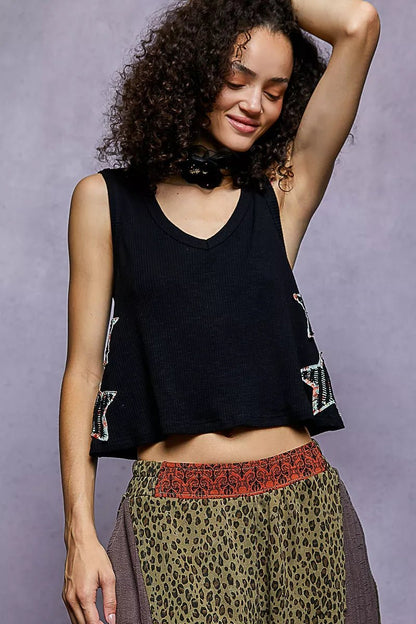 POL Star Patch V - Neck Cropped Ribbed Tank - Bitsy Gypsy Boutique