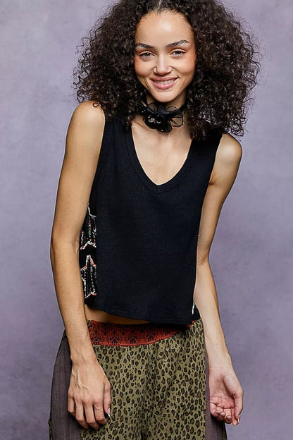 POL Star Patch V - Neck Cropped Ribbed Tank - Bitsy Gypsy Boutique