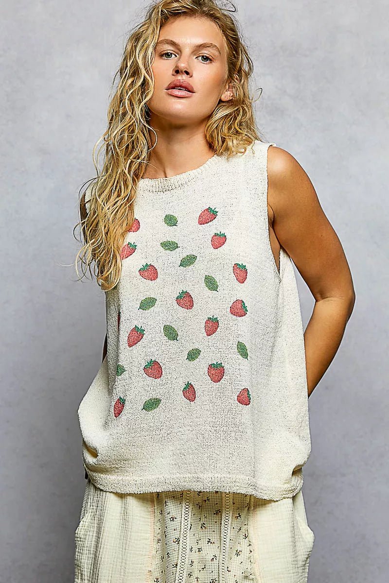 POL Strawberry Pattern Round Neck Sleeveless Sweater Top - Bitsy Gypsy Boutique