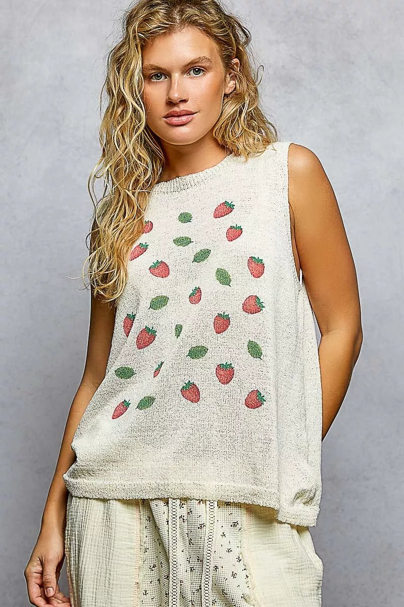 POL Strawberry Pattern Round Neck Sleeveless Sweater Top - Bitsy Gypsy Boutique
