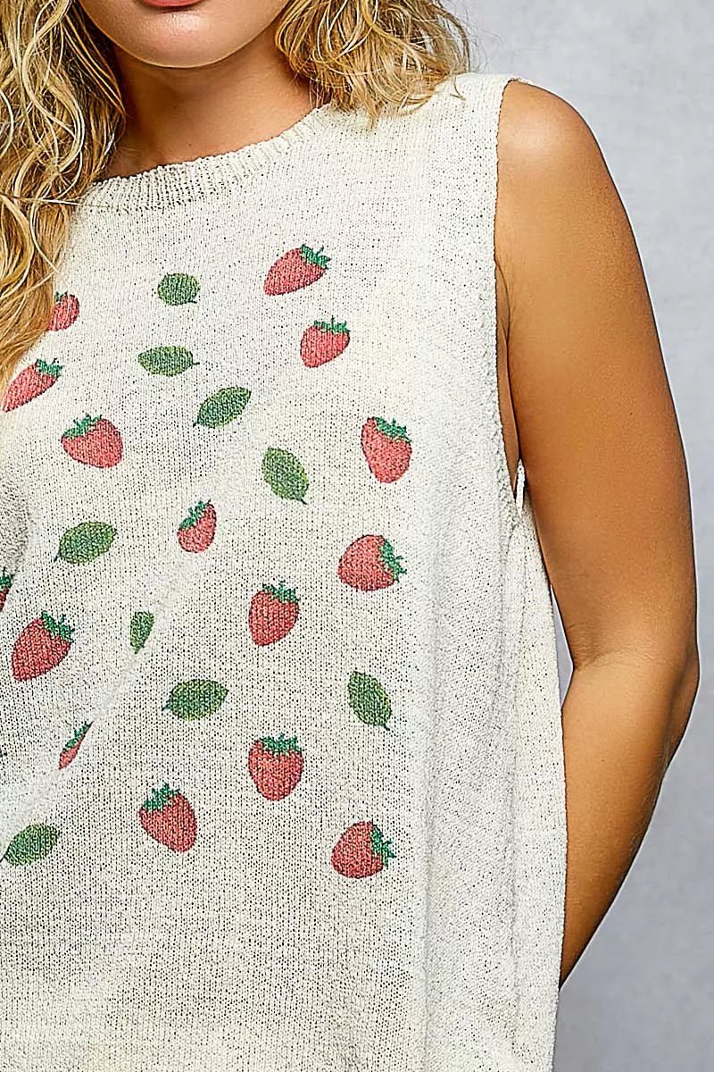 POL Strawberry Pattern Round Neck Sleeveless Sweater Top - Bitsy Gypsy Boutique
