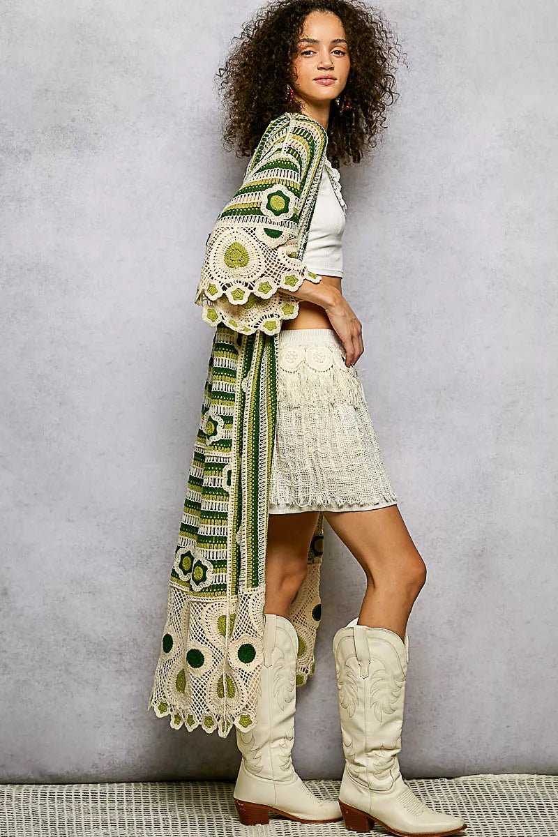 POL Striped and Floral Pattern Crochet Longline Cardigan - Bitsy Gypsy Boutique