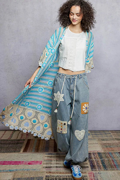 POL Striped and Floral Pattern Crochet Longline Cardigan - Bitsy Gypsy Boutique