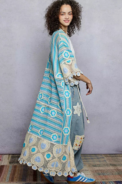 POL Striped and Floral Pattern Crochet Longline Cardigan - Bitsy Gypsy Boutique