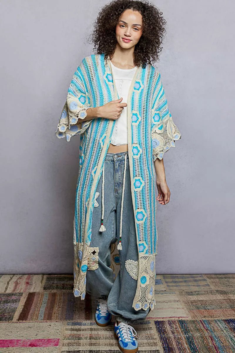 POL Striped and Floral Pattern Crochet Longline Cardigan - Bitsy Gypsy Boutique