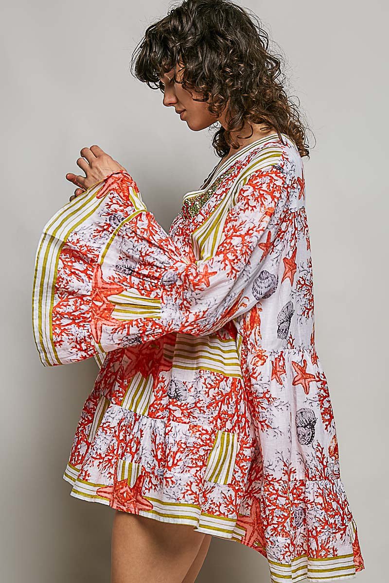 POL Striped Floral Long Sleeve Mini Dress with Pintuck Detail - Bitsy Gypsy Boutique