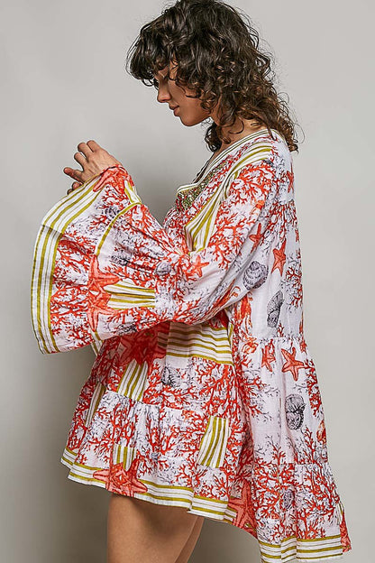 POL Striped Floral Long Sleeve Mini Dress with Pintuck Detail - Bitsy Gypsy Boutique