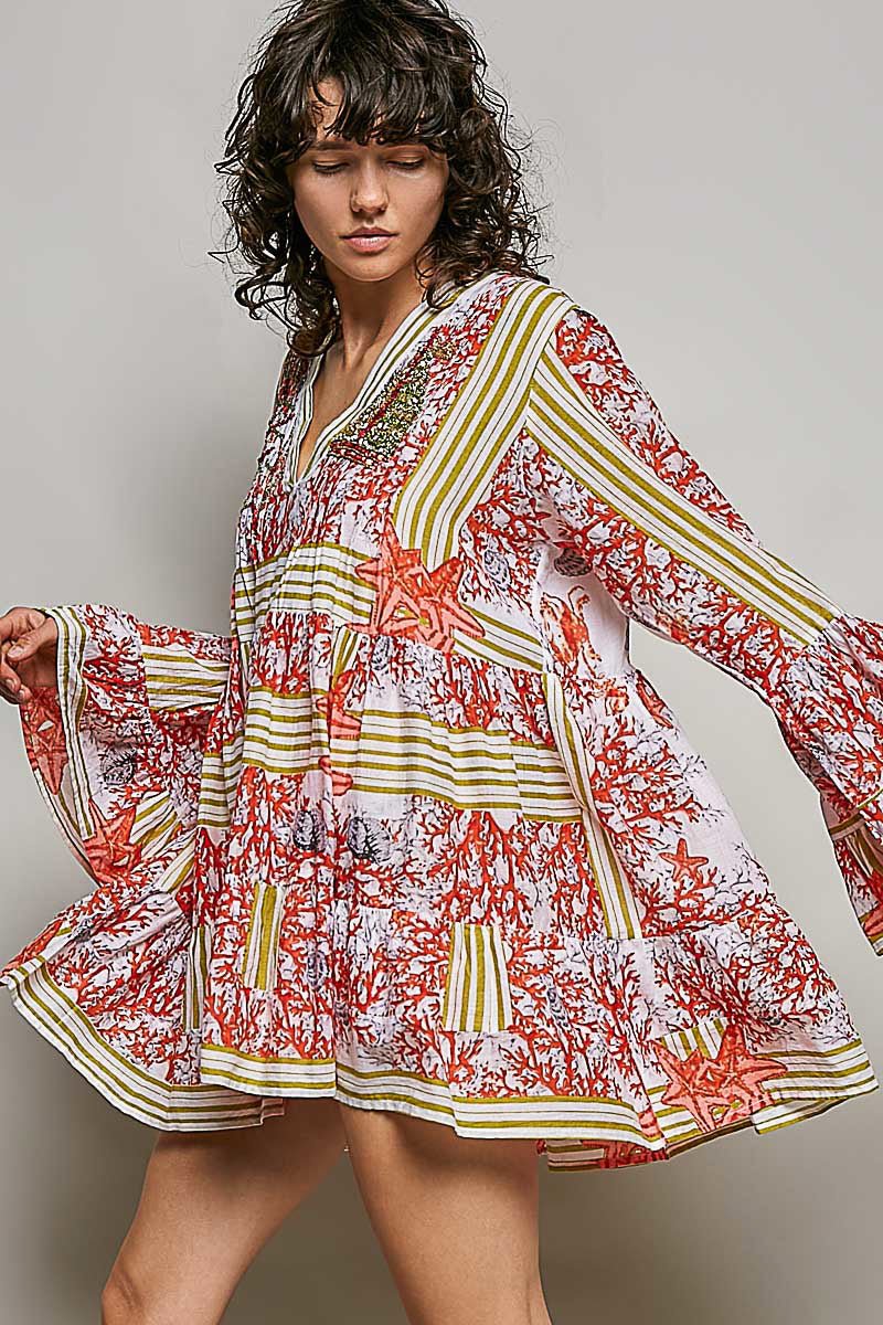 POL Striped Floral Long Sleeve Mini Dress with Pintuck Detail - Bitsy Gypsy Boutique