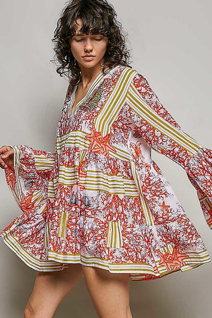 POL Striped Floral Long Sleeve Mini Dress with Pintuck Detail - Bitsy Gypsy Boutique