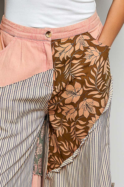 POL Striped Floral Patchwork Wide leg Pants with Side Big Star Patch - Bitsy Gypsy Boutique