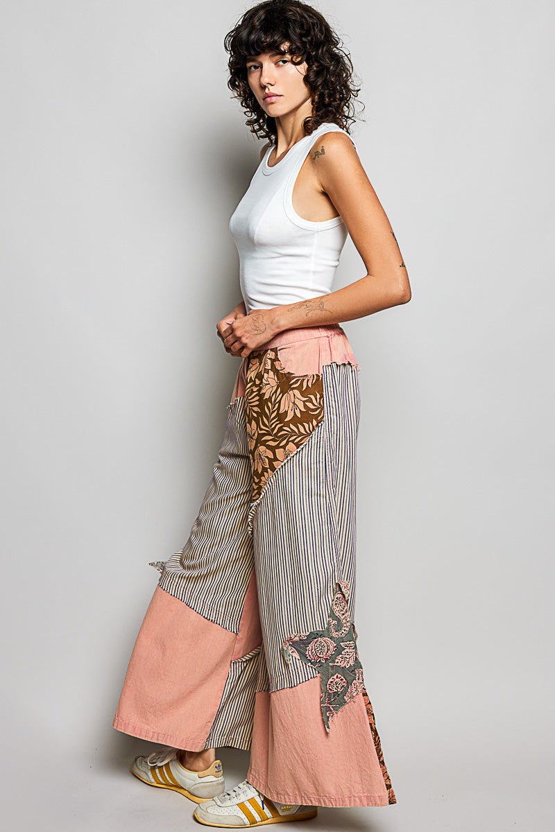 POL Striped Floral Patchwork Wide leg Pants with Side Big Star Patch - Bitsy Gypsy Boutique