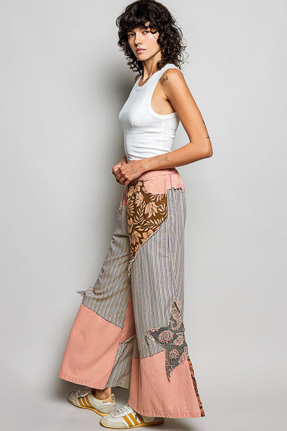 POL Striped Floral Patchwork Wide leg Pants with Side Big Star Patch - Bitsy Gypsy Boutique