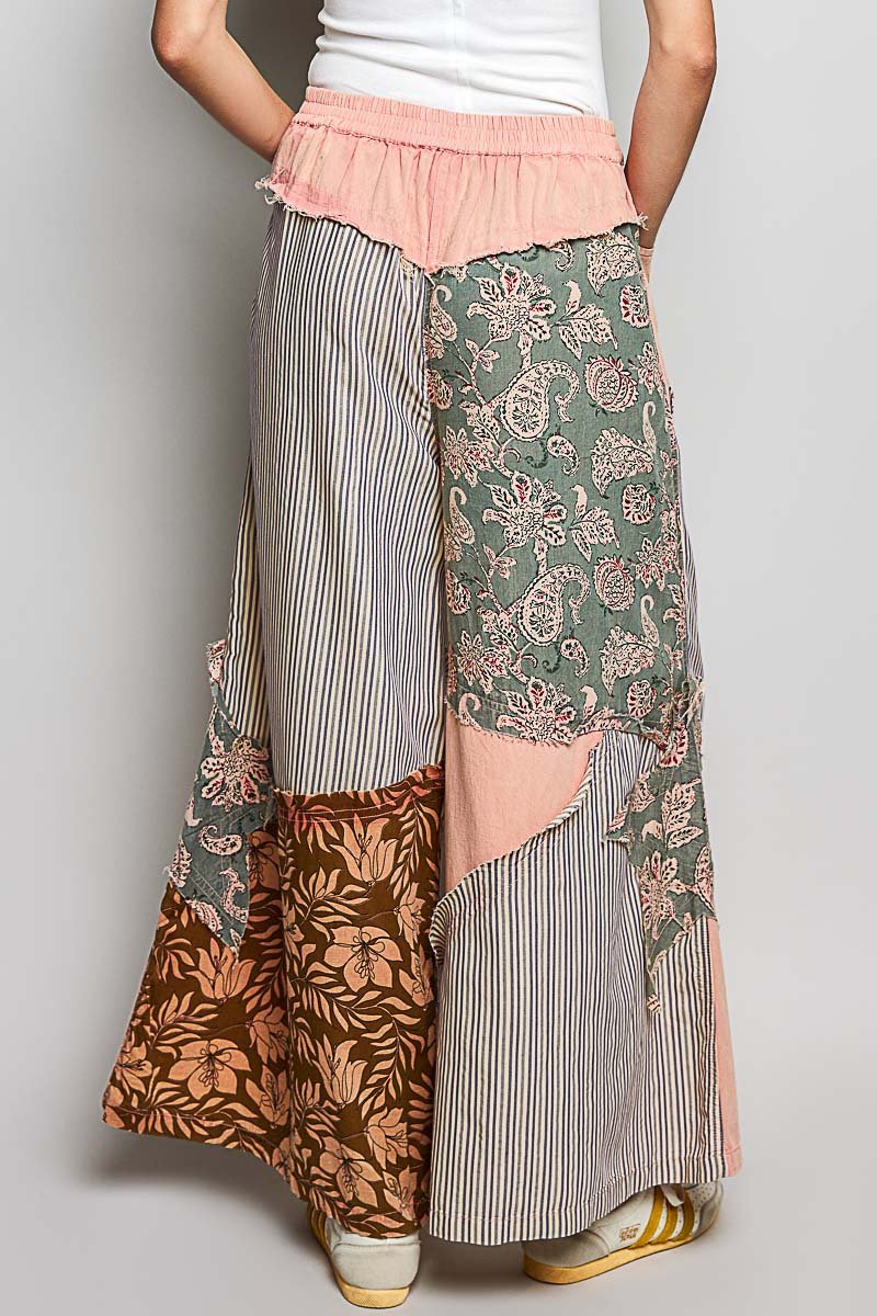 POL Striped Floral Patchwork Wide leg Pants with Side Big Star Patch - Bitsy Gypsy Boutique