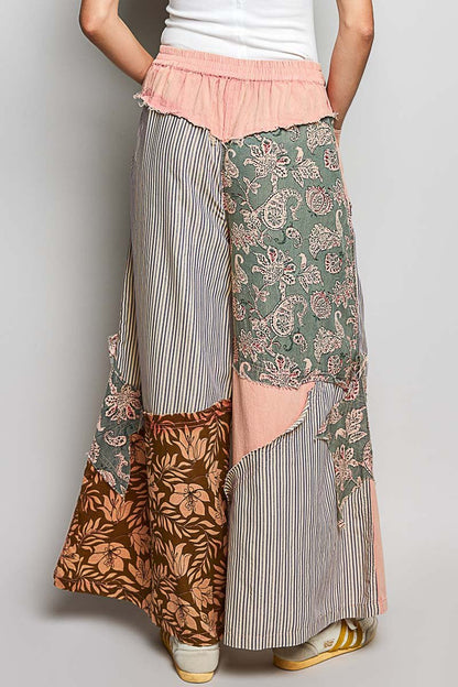 POL Striped Floral Patchwork Wide leg Pants with Side Big Star Patch - Bitsy Gypsy Boutique