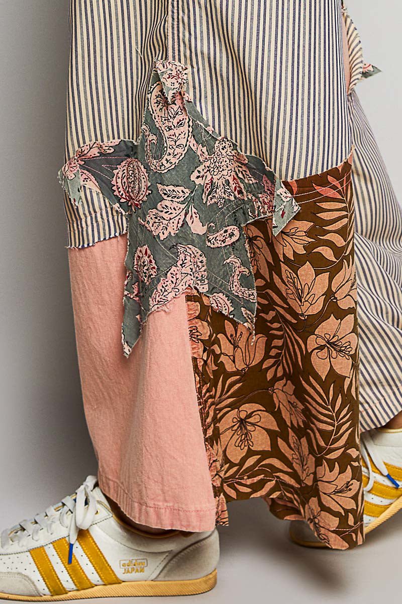 POL Striped Floral Patchwork Wide leg Pants with Side Big Star Patch - Bitsy Gypsy Boutique