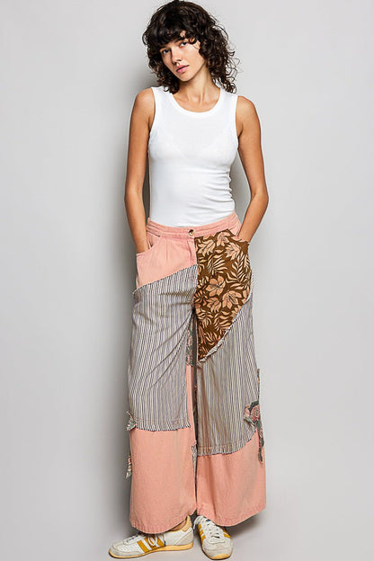 POL Striped Floral Patchwork Wide leg Pants with Side Big Star Patch - Bitsy Gypsy Boutique