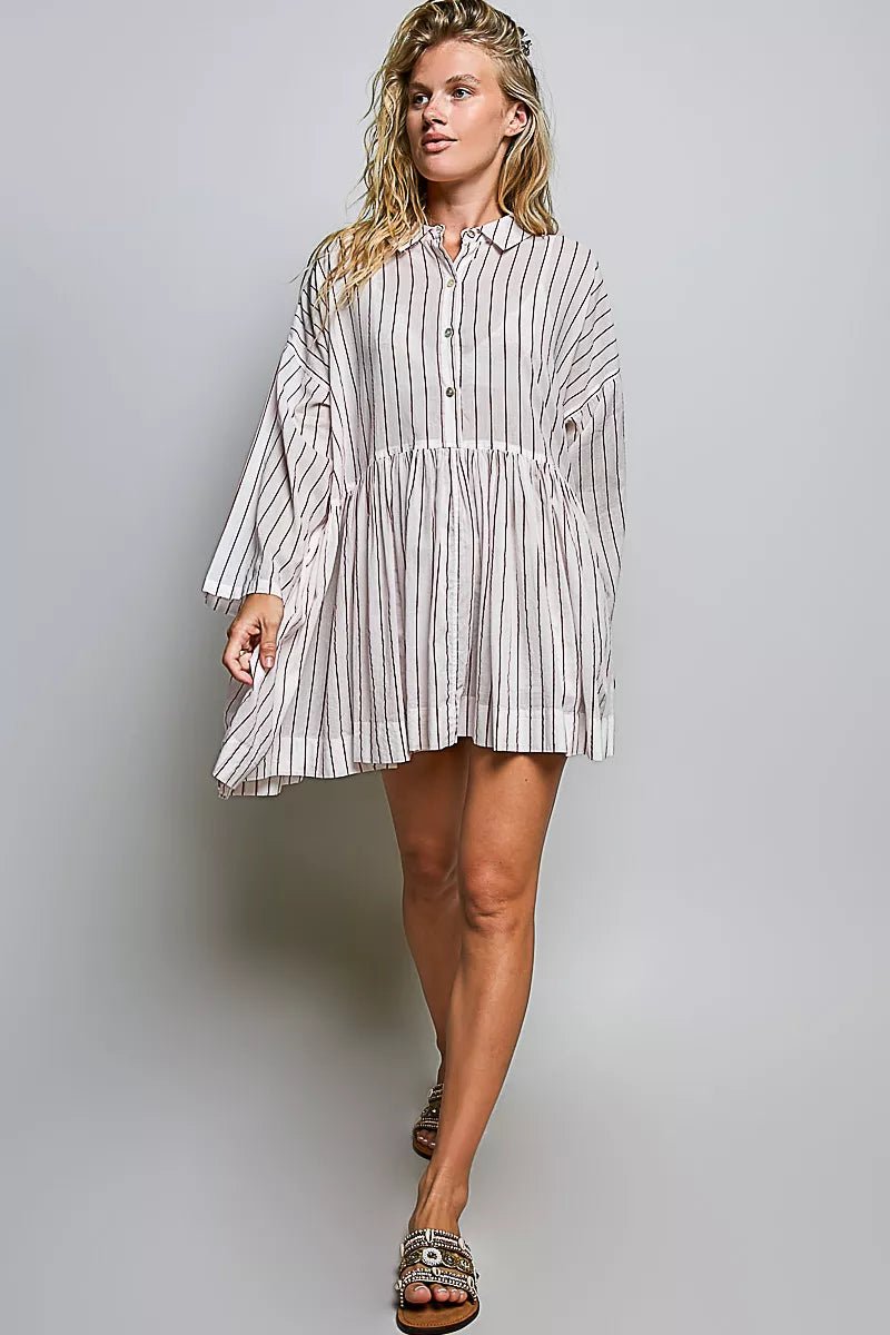 POL Striped Gathered Waist Woven Shirt Dress - Bitsy Gypsy Boutique