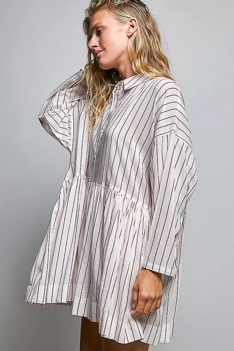 POL Striped Gathered Waist Woven Shirt Dress - Bitsy Gypsy Boutique