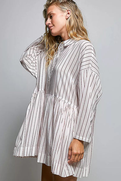 POL Striped Gathered Waist Woven Shirt Dress - Bitsy Gypsy Boutique