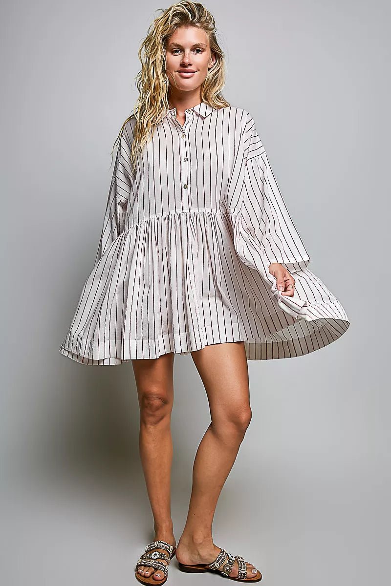 POL Striped Gathered Waist Woven Shirt Dress - Bitsy Gypsy Boutique