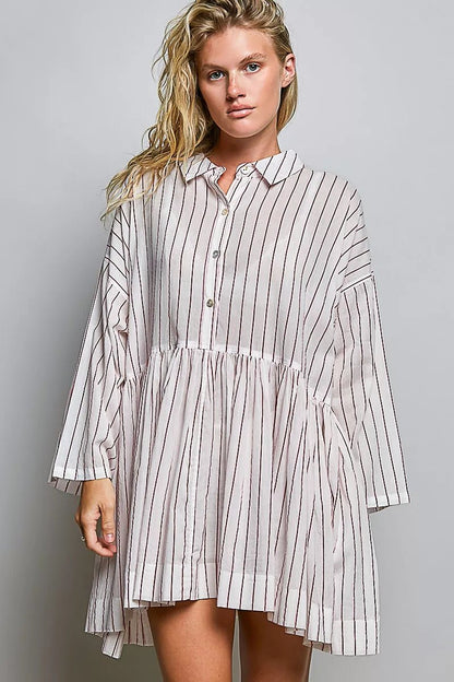 POL Striped Gathered Waist Woven Shirt Dress - Bitsy Gypsy Boutique