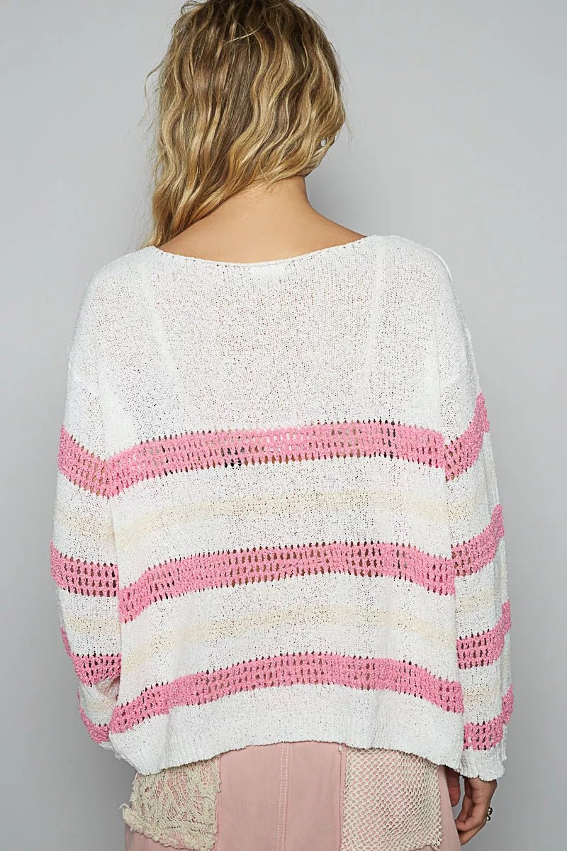 POL Striped Openwork Round Neck Knit Top - Bitsy Gypsy Boutique