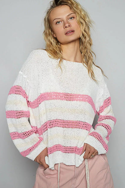 POL Striped Openwork Round Neck Knit Top - Bitsy Gypsy Boutique