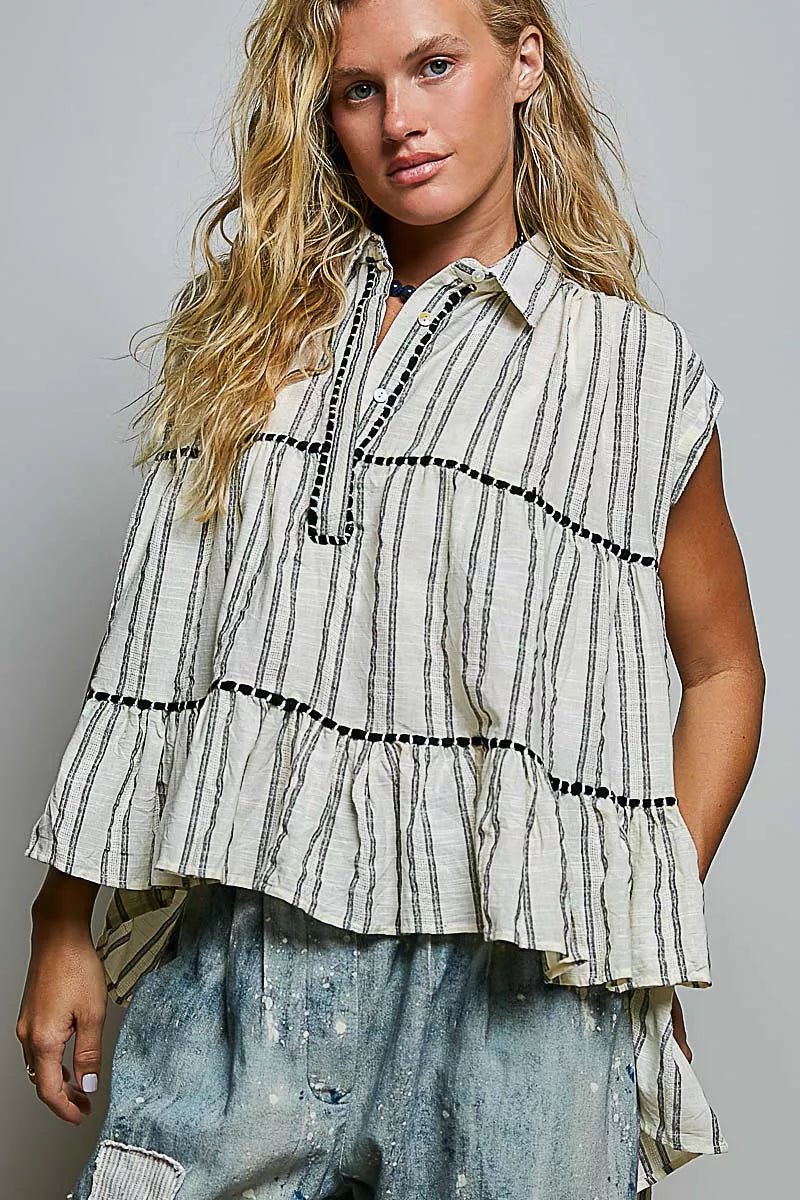 POL Striped Ruffle Collared Sleeveless Cotton Top - Bitsy Gypsy Boutique