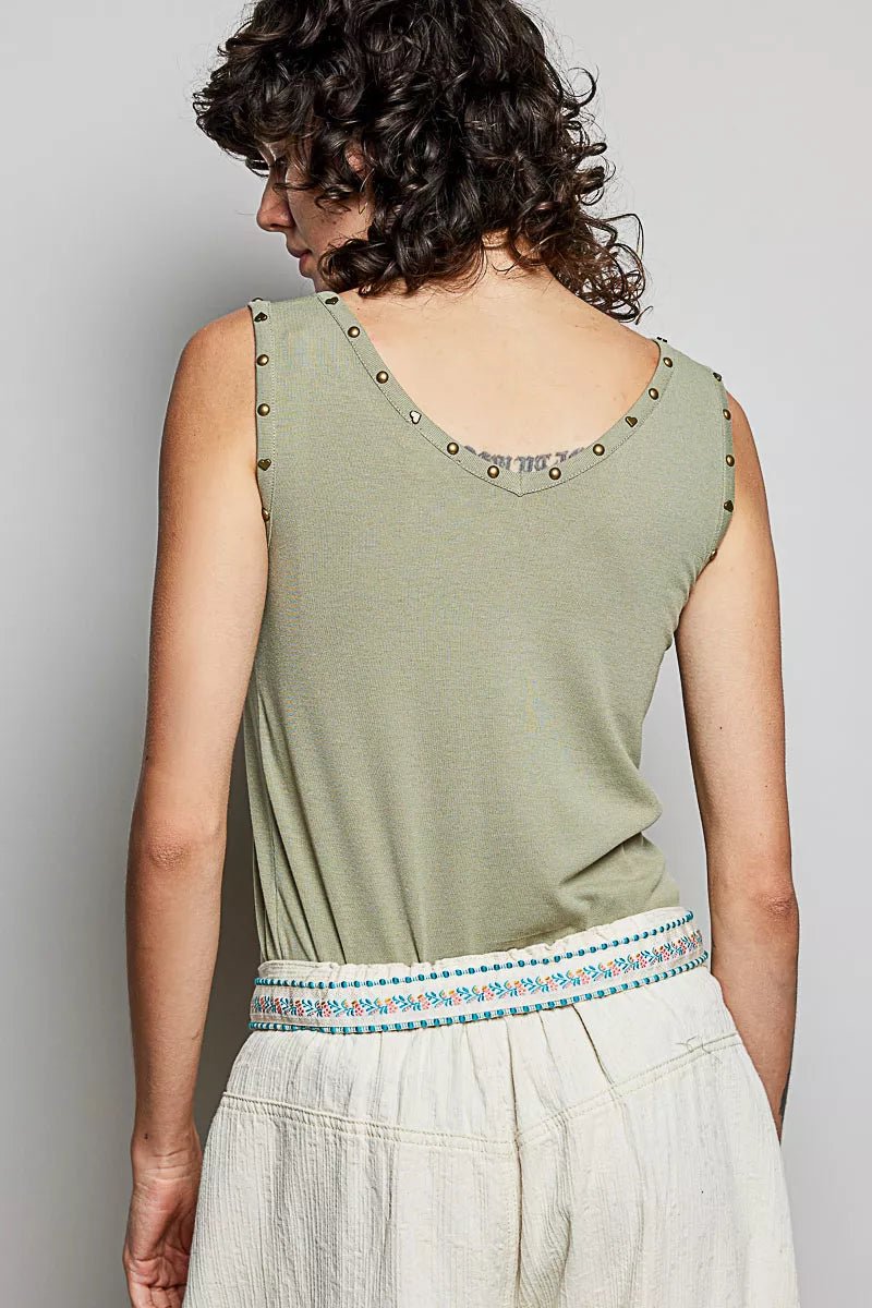 POL Studded Trim Button - Front Ruffle Detail Tank - Bitsy Gypsy Boutique