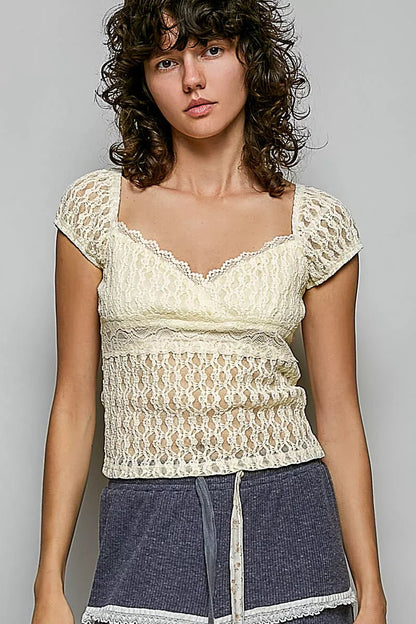 POL Sweetheart Neck Lace Short Sleeve Top - Bitsy Gypsy Boutique