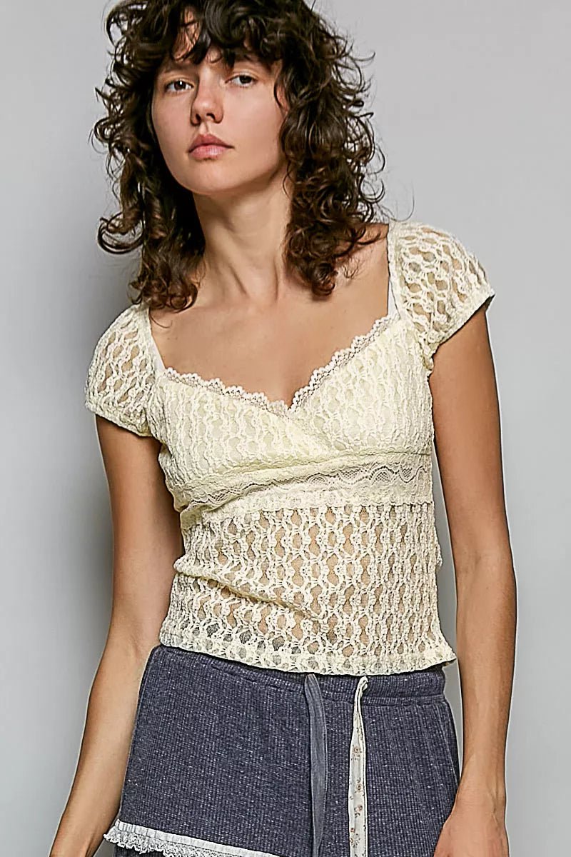 POL Sweetheart Neck Lace Short Sleeve Top - Bitsy Gypsy Boutique