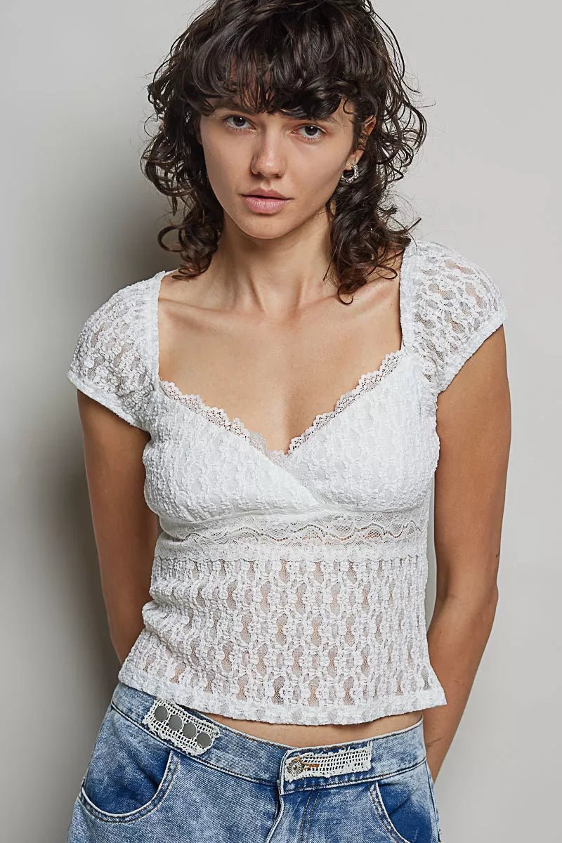 POL Sweetheart Neck Lace Short Sleeve Top - Bitsy Gypsy Boutique