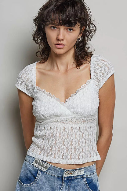 POL Sweetheart Neck Lace Short Sleeve Top - Bitsy Gypsy Boutique