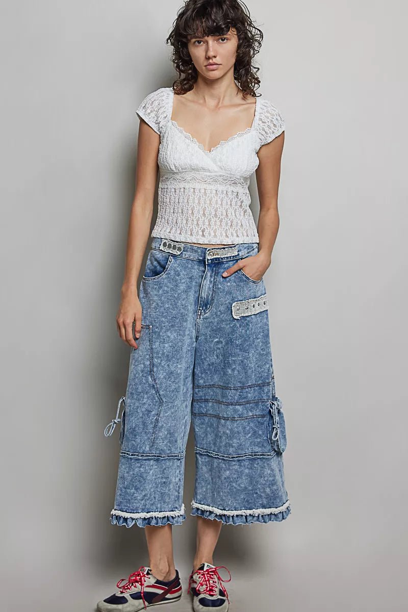 POL Sweetheart Neck Lace Short Sleeve Top - Bitsy Gypsy Boutique