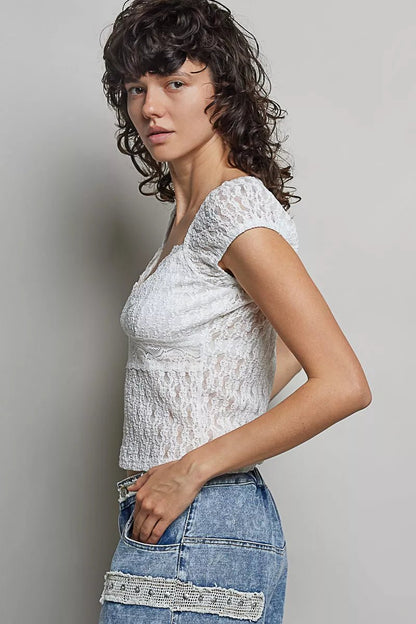 POL Sweetheart Neck Lace Short Sleeve Top - Bitsy Gypsy Boutique