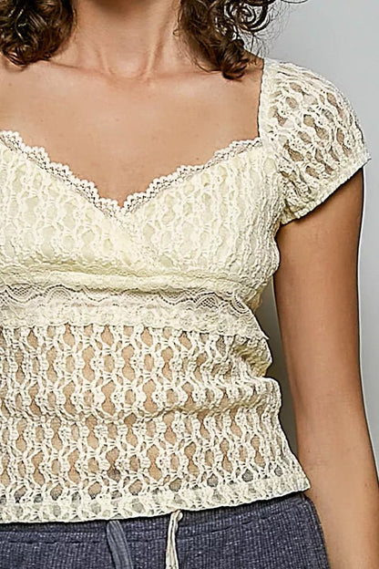 POL Sweetheart Neck Lace Short Sleeve Top - Bitsy Gypsy Boutique