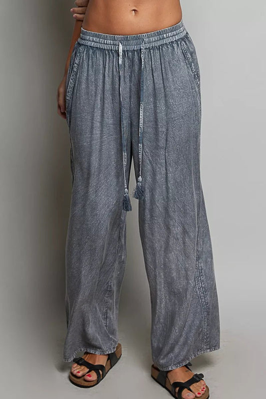 POL Tassel Drawstring Embroidered Wide Leg Woven Pants - Bitsy Gypsy Boutique