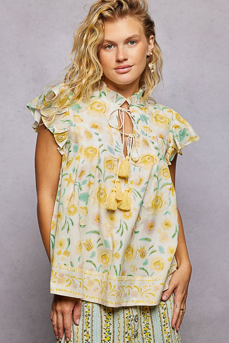 POL Tassel Tied Floral Flutter Sleeve Blouse - Bitsy Gypsy Boutique