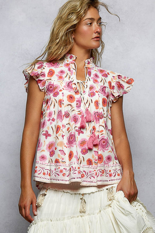 POL Tassel Tied Floral Flutter Sleeve Blouse - Bitsy Gypsy Boutique