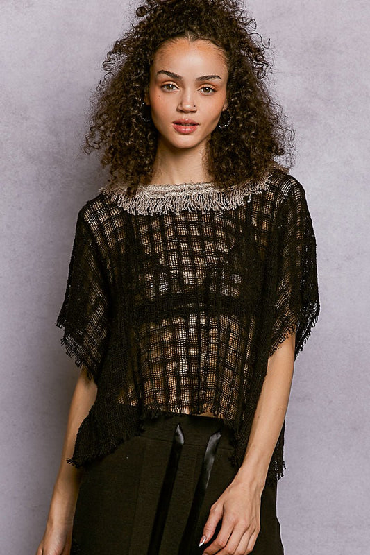 POL Texture Raw Hem Round Neck Short Sleeve Top - Bitsy Gypsy Boutique