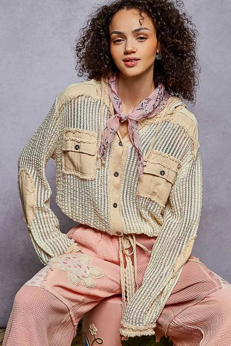 POL Texture Woven Button Down Hooded Shirt with Drawstring Hem - Bitsy Gypsy Boutique