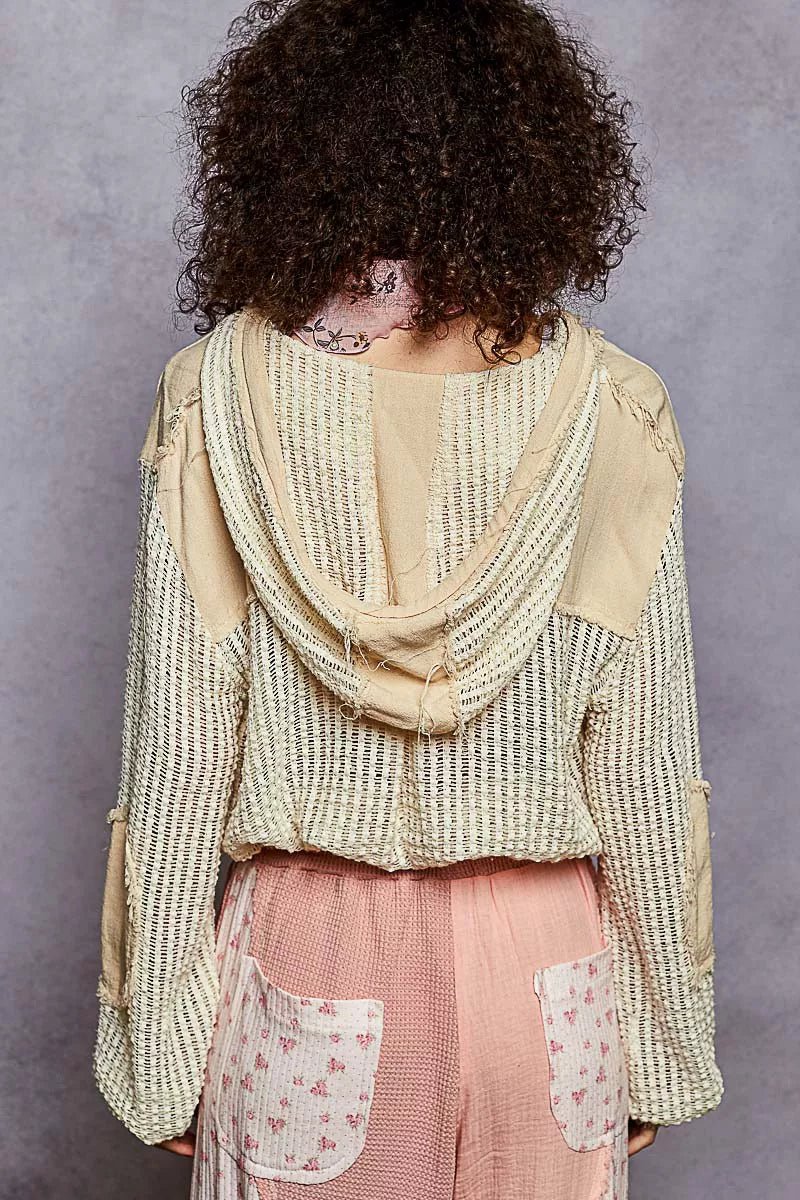 POL Texture Woven Button Down Hooded Shirt with Drawstring Hem - Bitsy Gypsy Boutique