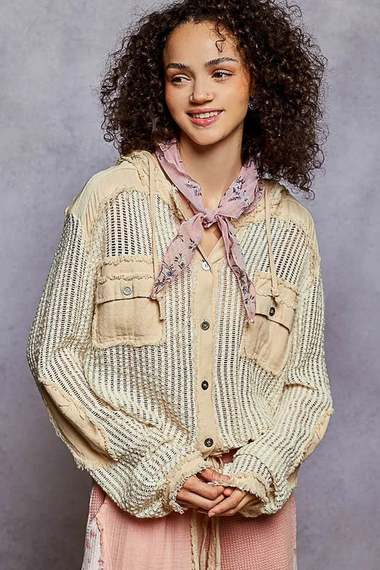 POL Texture Woven Button Down Hooded Shirt with Drawstring Hem - Bitsy Gypsy Boutique