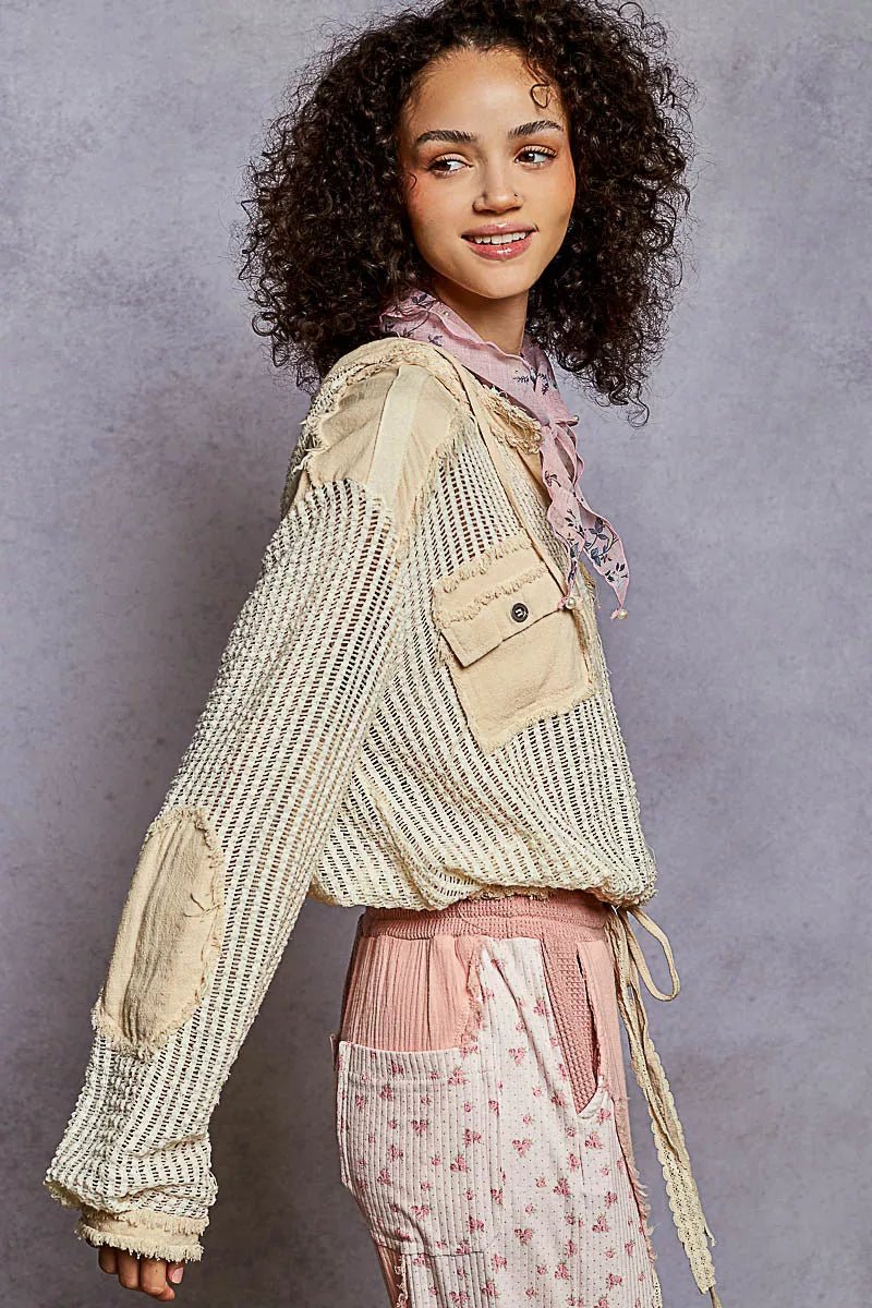 POL Texture Woven Button Down Hooded Shirt with Drawstring Hem - Bitsy Gypsy Boutique