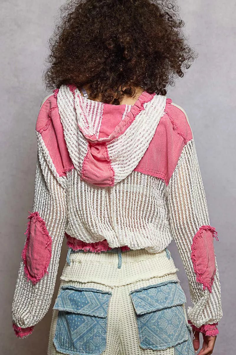 POL Texture Woven Button Down Hooded Shirt with Drawstring Hem - Bitsy Gypsy Boutique