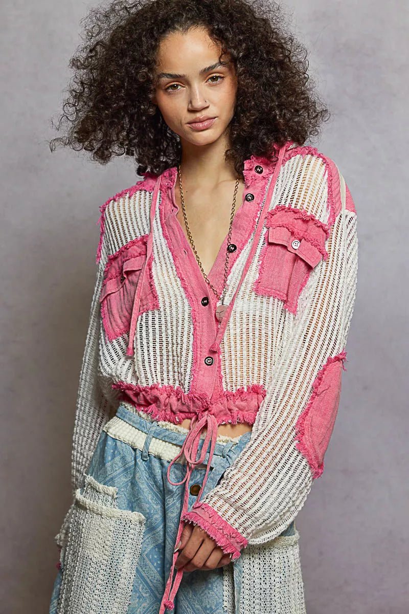 POL Texture Woven Button Down Hooded Shirt with Drawstring Hem - Bitsy Gypsy Boutique