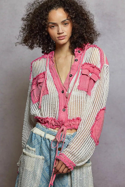 POL Texture Woven Button Down Hooded Shirt with Drawstring Hem - Bitsy Gypsy Boutique