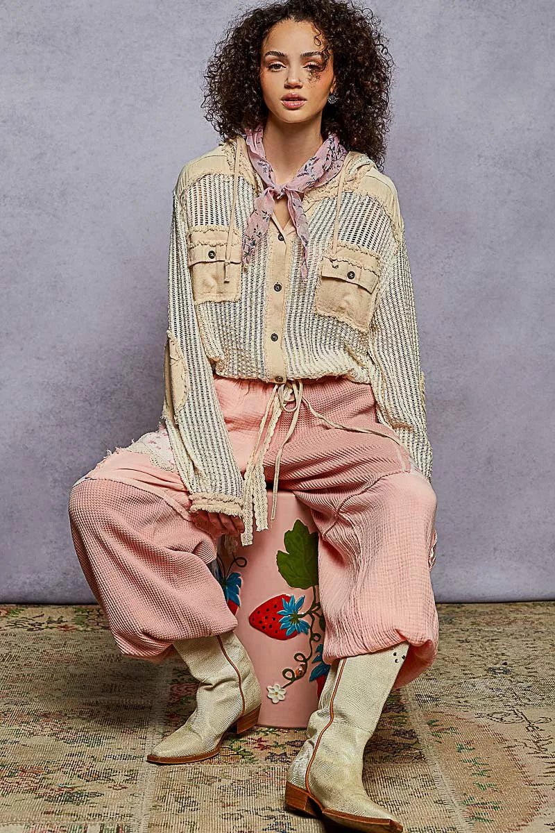 POL Texture Woven Button Down Hooded Shirt with Drawstring Hem - Bitsy Gypsy Boutique